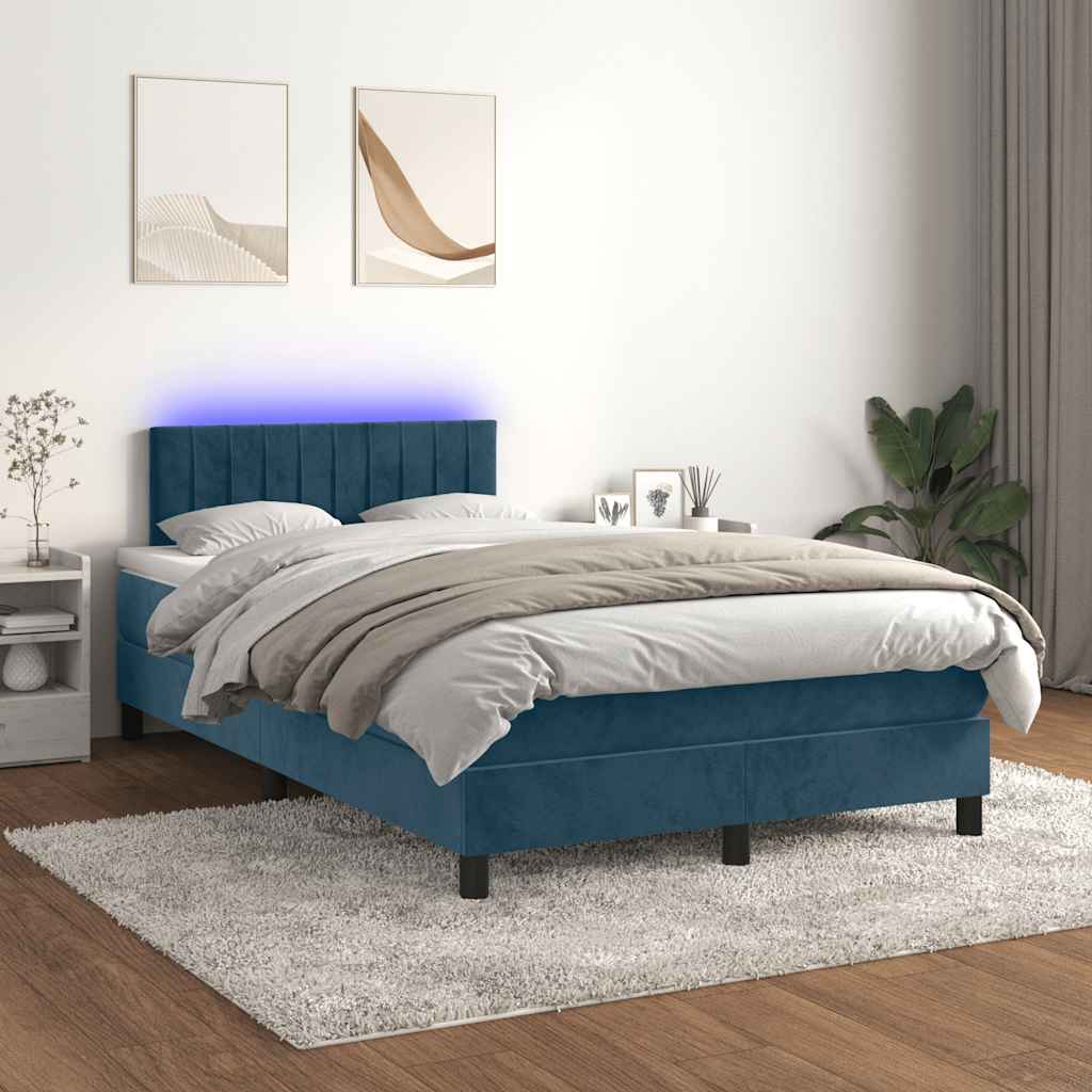 Krevet s oprugama i madracem LED tamnoplavi 120 x 190 cm baršun