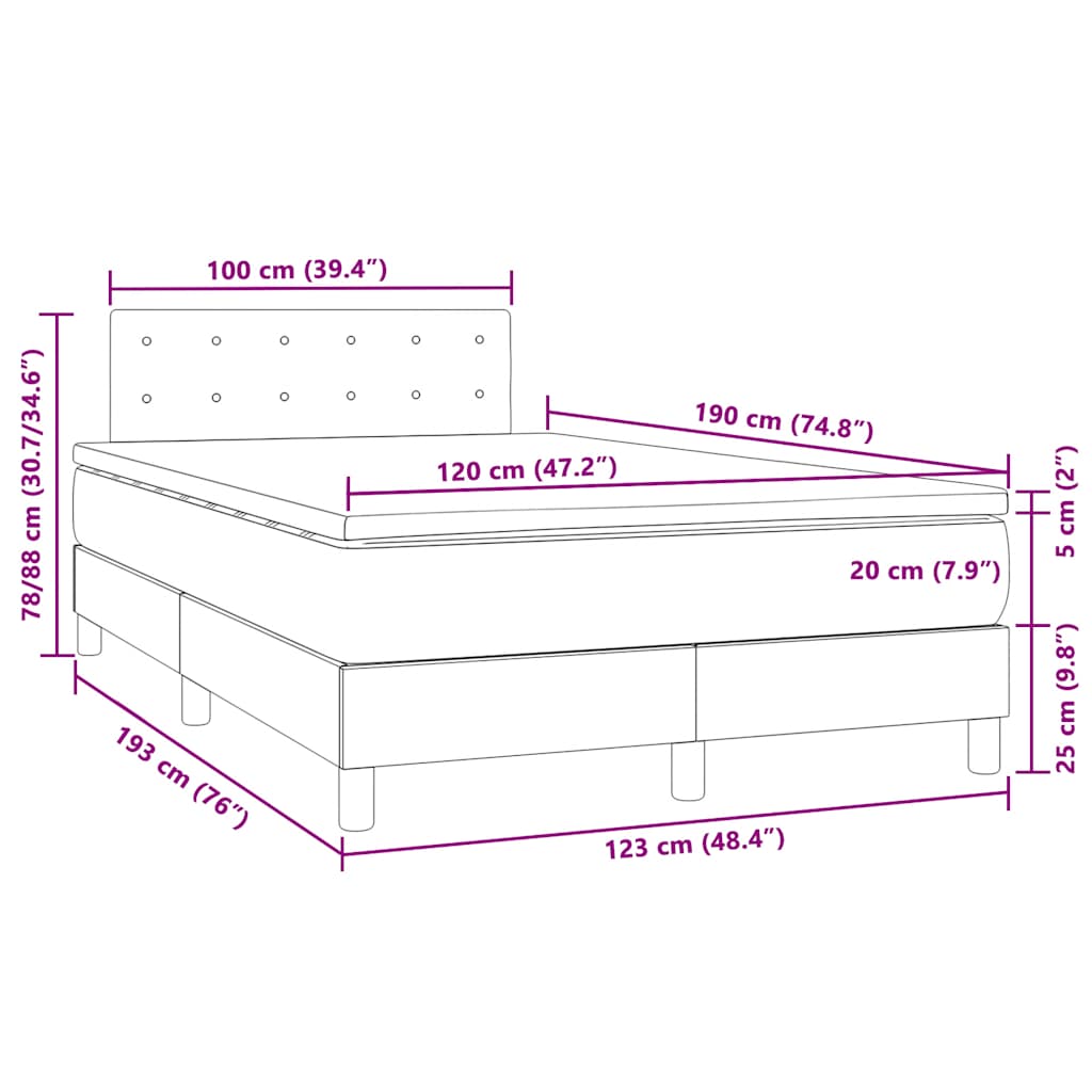 Krevet box spring s madracem LED svjetlosivi 120x190 cm tkanina