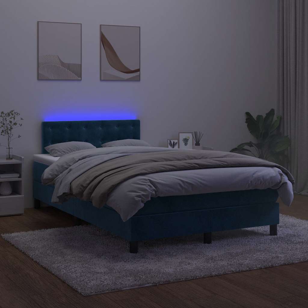 Krevet s oprugama i madracem LED tamnoplavi 120 x 190 cm baršun