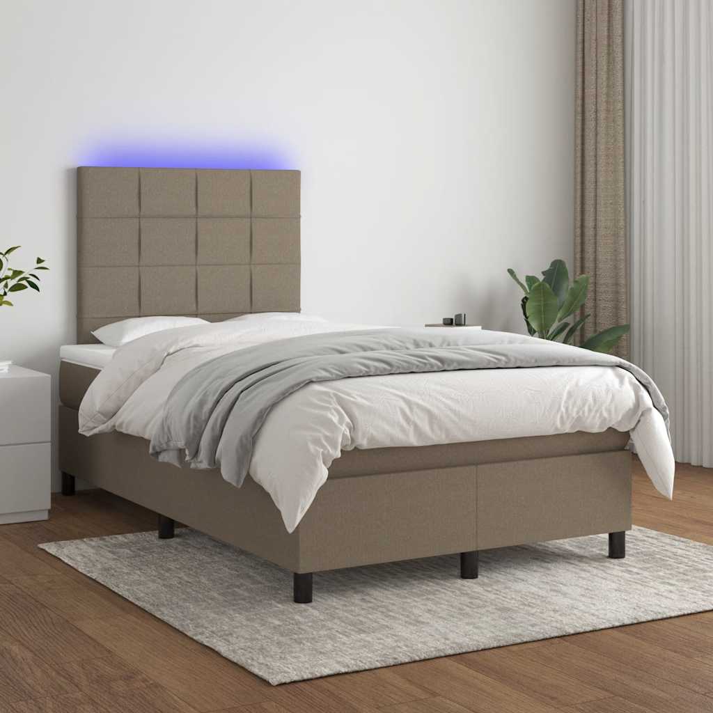 Krevet s oprugama i madracem LED smeđesivi 120x190cm od tkanine