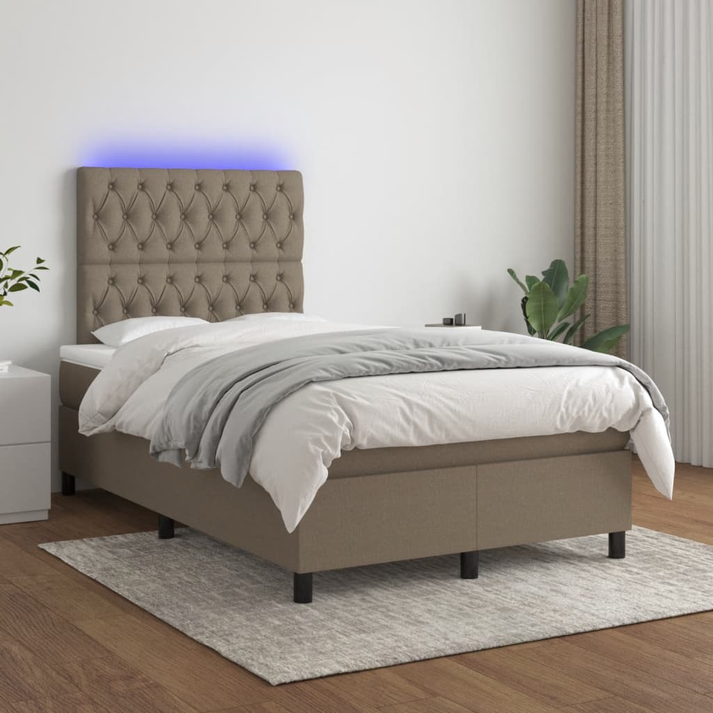 Krevet s oprugama i madracem LED smeđesivi 120x190cm od tkanine