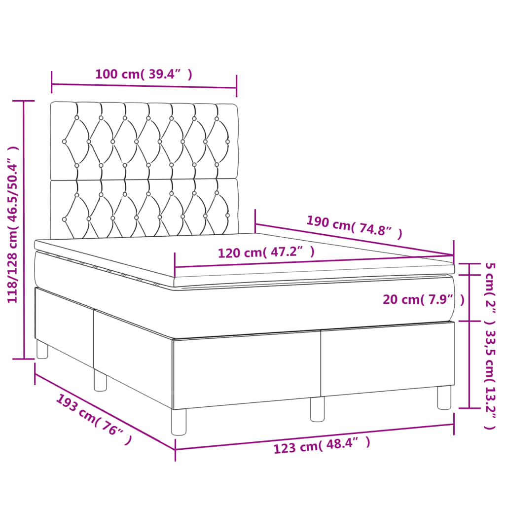 Krevet s oprugama i madracem LED smeđesivi 120x190cm od tkanine