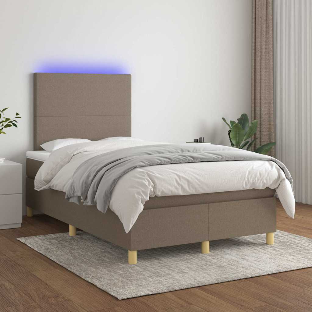 Krevet s oprugama i madracem LED smeđesivi 120x190cm od tkanine