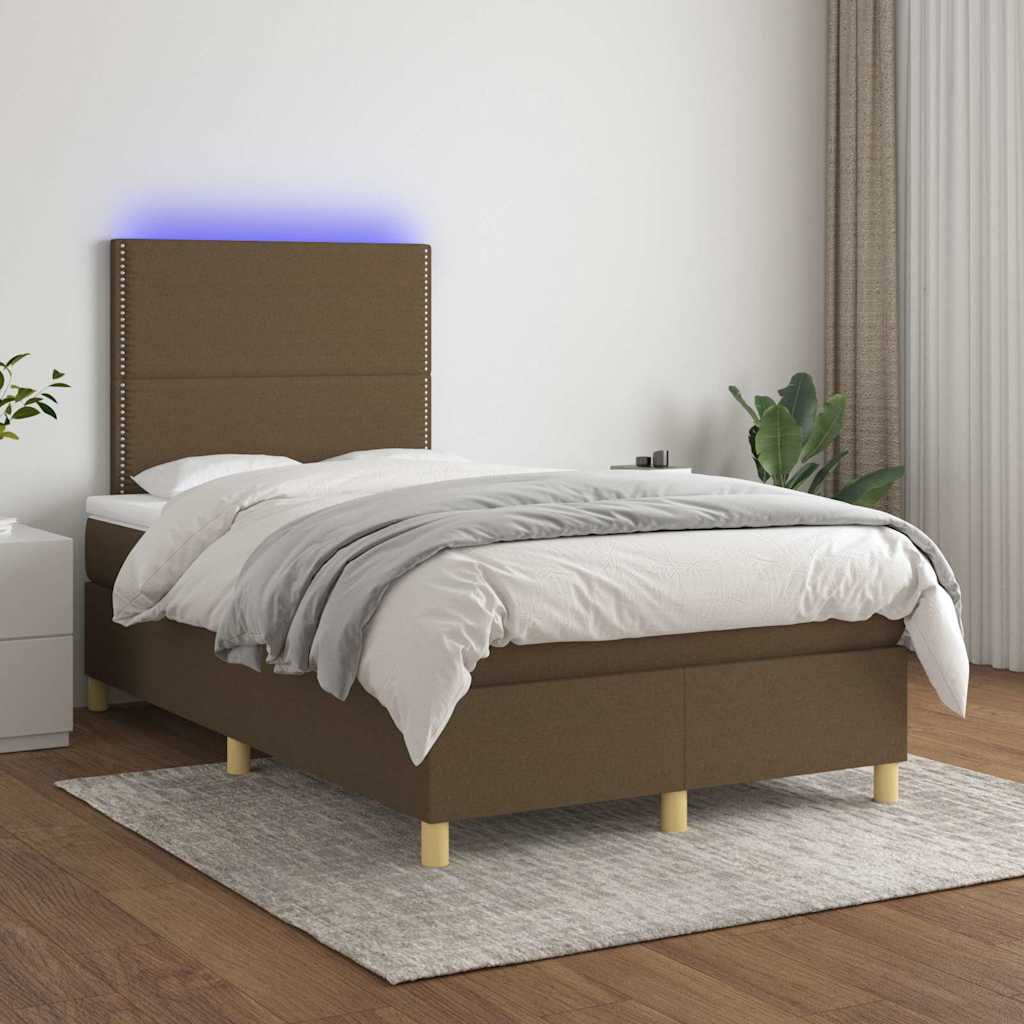 Krevet s oprugama i madracem LED tamnosmeđi 120x190 cm tkanina