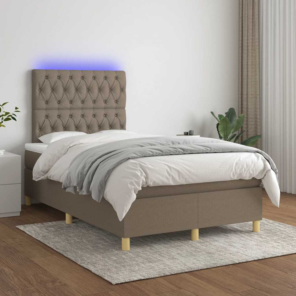 Krevet s oprugama i madracem LED smeđesivi 120x190cm od tkanine