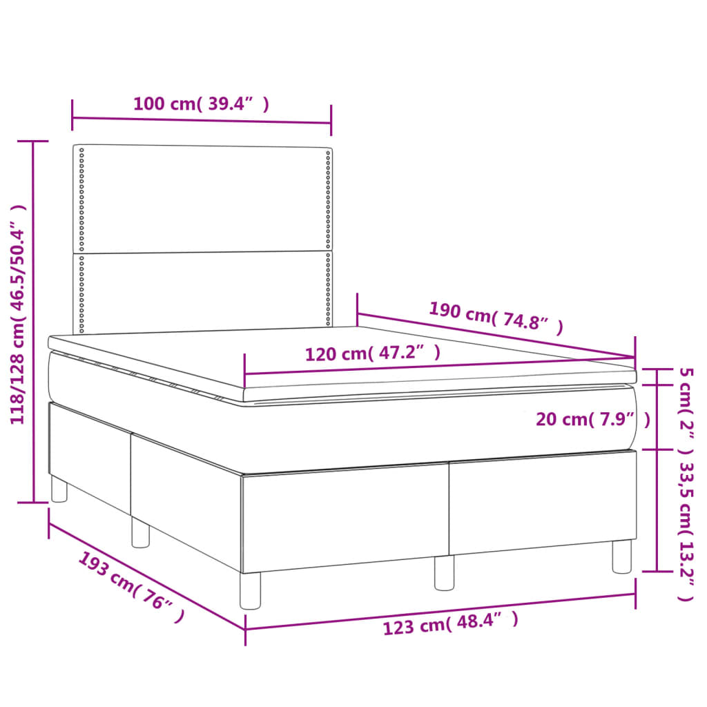 Krevet box spring s madracem LED svjetlosivi 120x190 cm tkanina