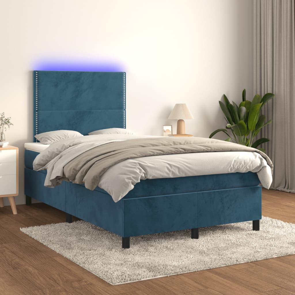 Krevet s oprugama i madracem LED tamnoplavi 120 x 190 cm baršun