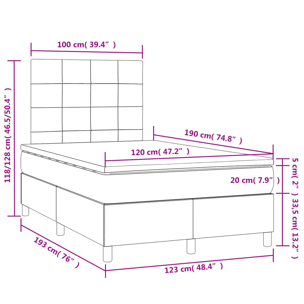 Krevet box spring s madracem LED tamnosivi 120 x 190 cm baršun