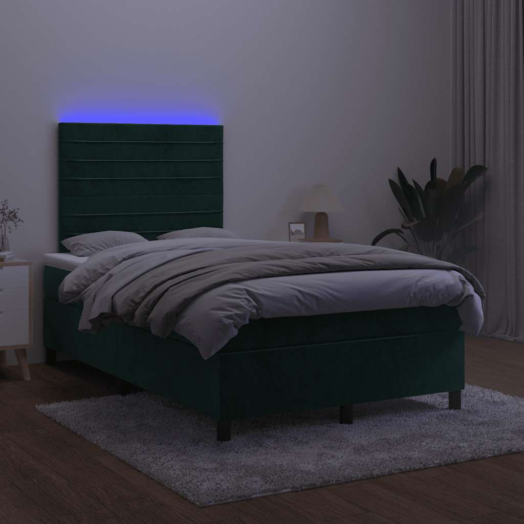 Krevet s oprugama i madracem LED tamnozelenim 120x190 cm baršun