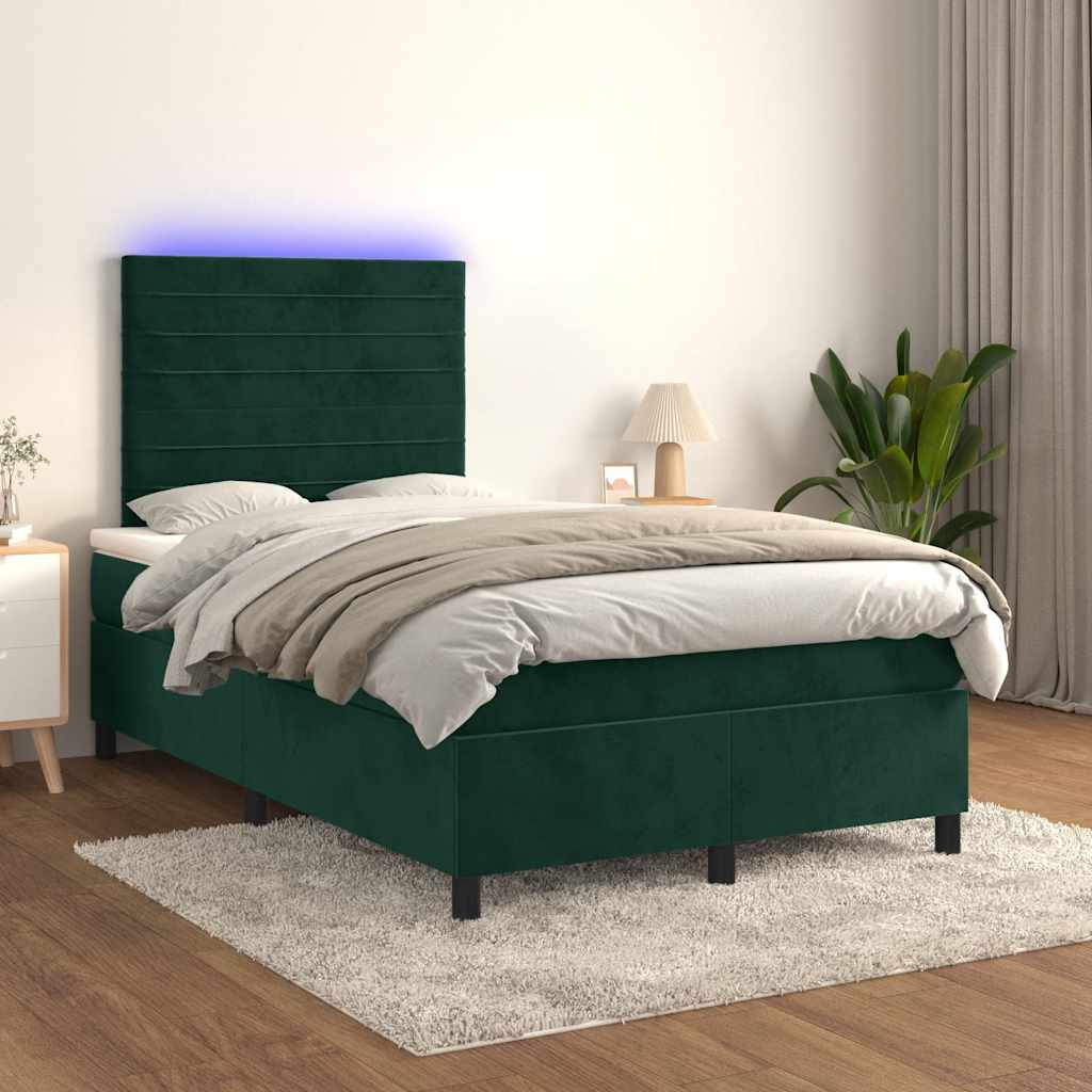 Krevet s oprugama i madracem LED tamnozelenim 120x190 cm baršun