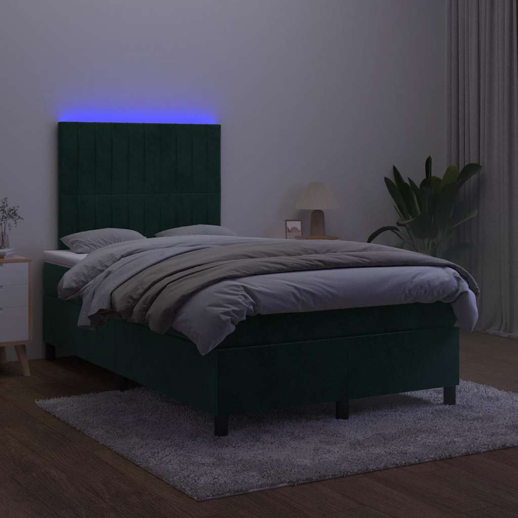 Krevet s oprugama i madracem LED tamnozelenim 120x190 cm baršun