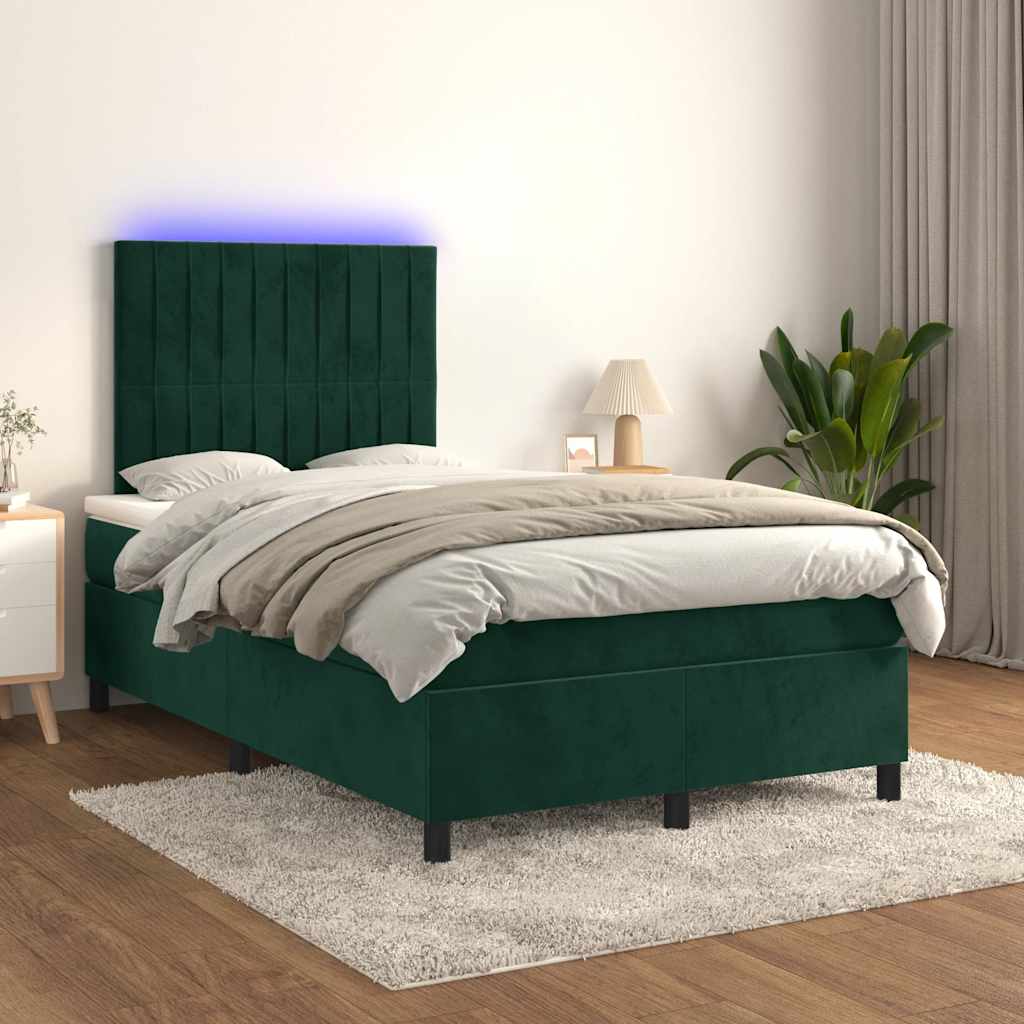 Krevet s oprugama i madracem LED tamnozelenim 120x190 cm baršun