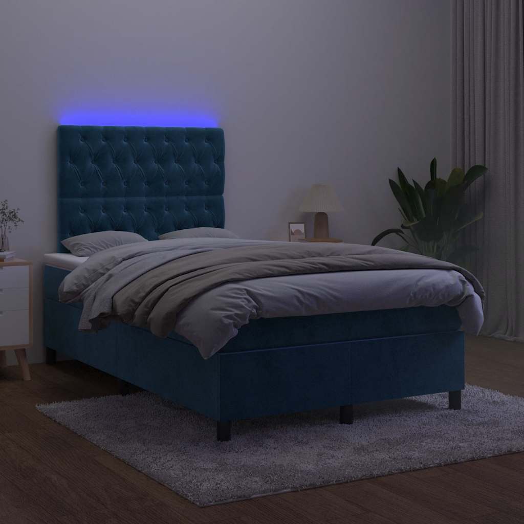 Krevet s oprugama i madracem LED tamnoplavi 120 x 190 cm baršun