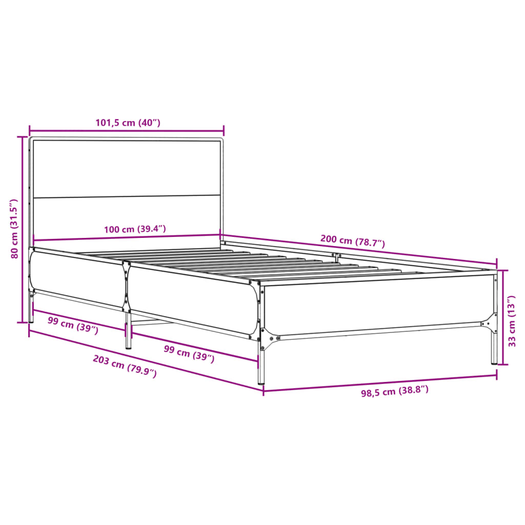 Okvir za krevet boja hrasta 100x200cm konstruirano drvo i metal
