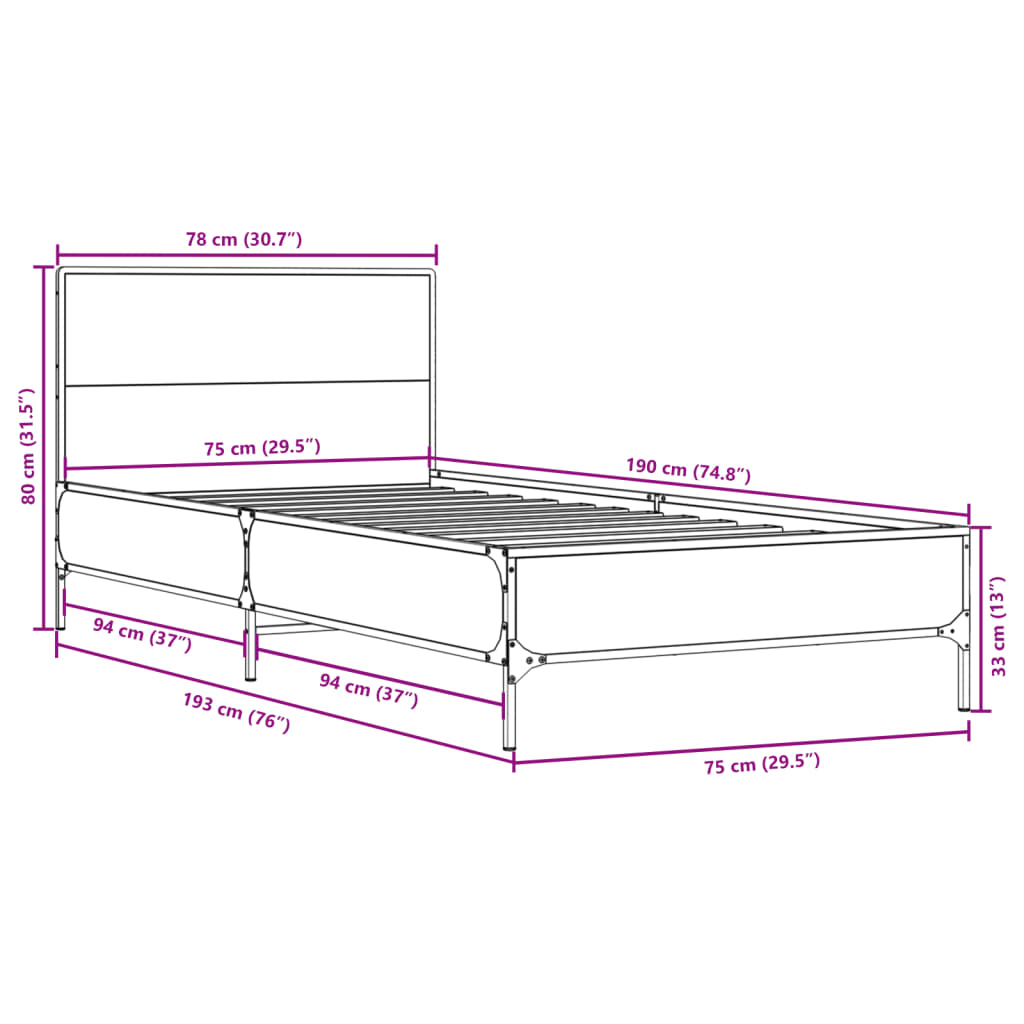Okvir za krevet crni 75 x 190 cm od konstruirano drvo i metal