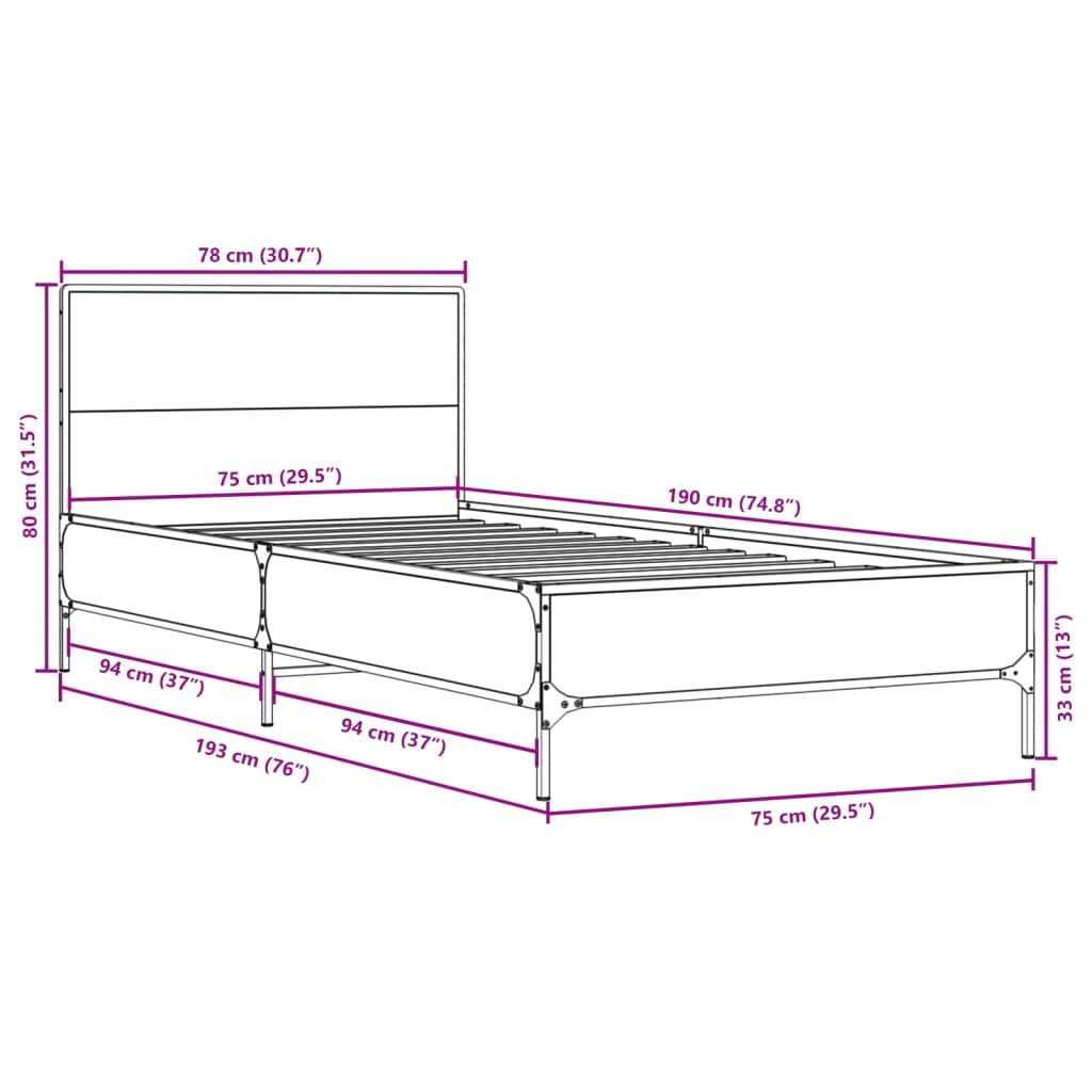 Okvir za krevet smeđi hrast 75x190 cm konstruirano drvo i metal