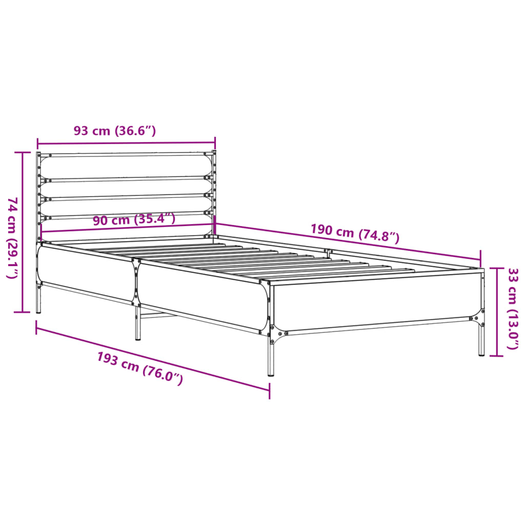 Okvir za krevet boja hrasta 90x190 cm konstruirano drvo i metal