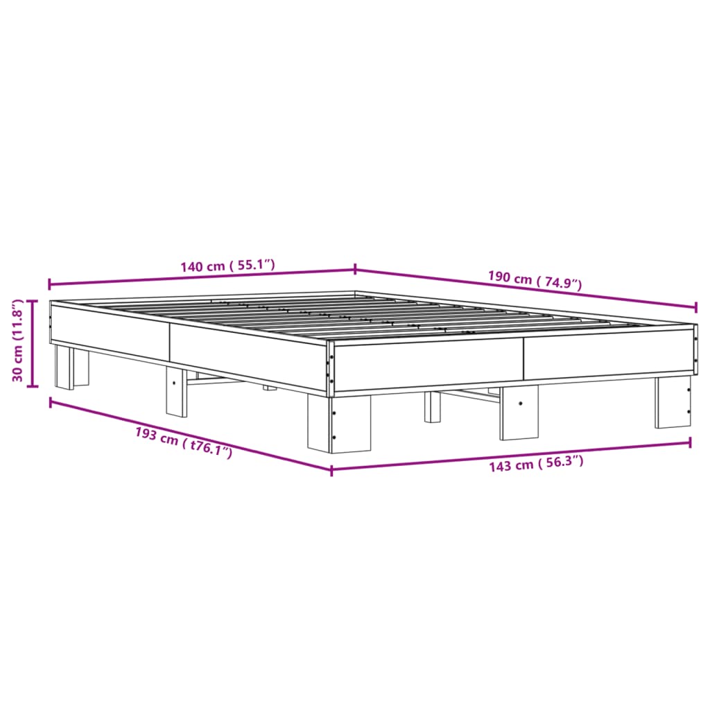 Okvir za krevet smeđi hrast 140x190cm konstruirano drvo i metal