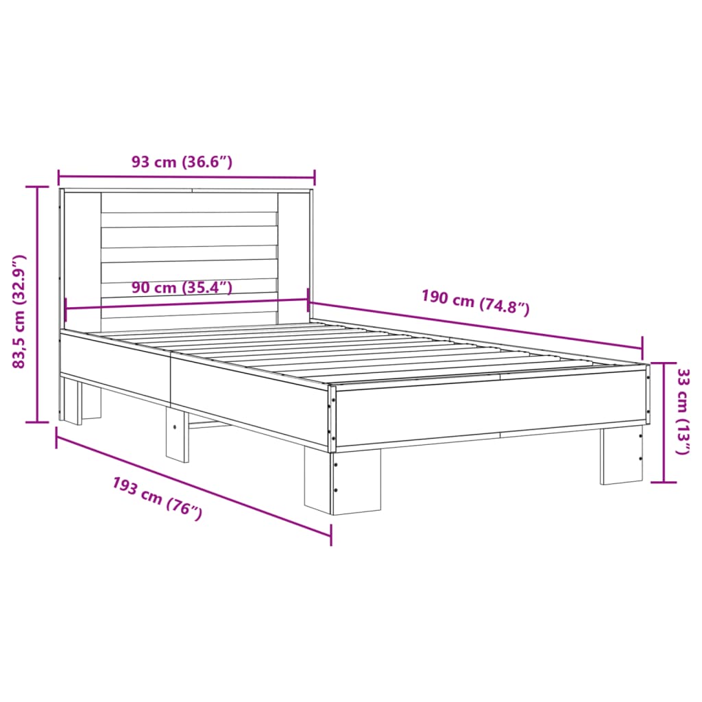 Okvir krevet boja hrasta 90 x 190 cm konstruirano drvo i metal