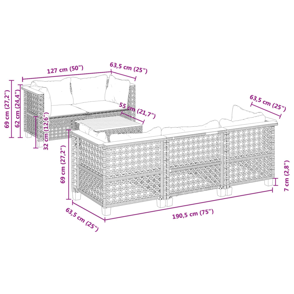 6-dijelni set vrtnih sofa s jastucima crni od poliratana Crna 55 x 55 x 36 cm