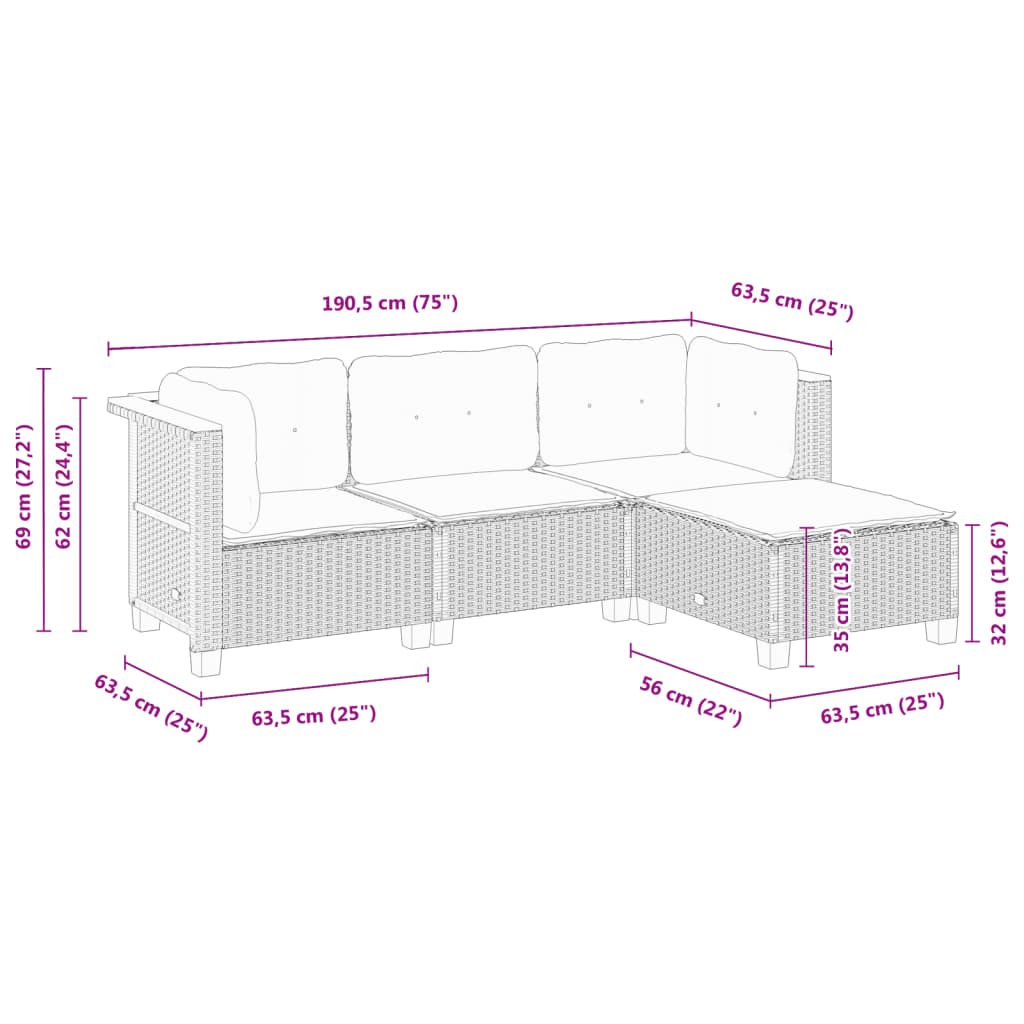4-dijelni set vrtnih sofa od poliratana s jastucima sivi