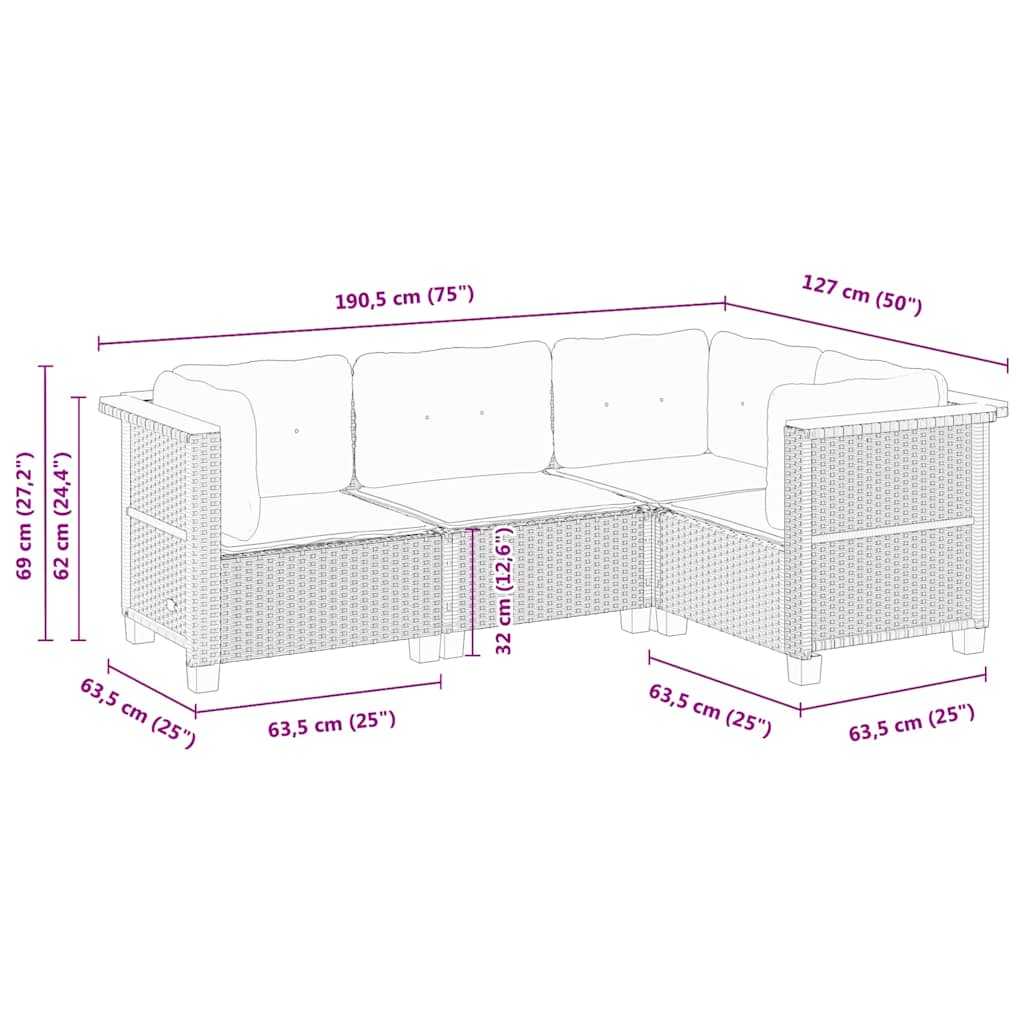 4-dijelni set vrtnih sofa od poliratana s jastucima crni
