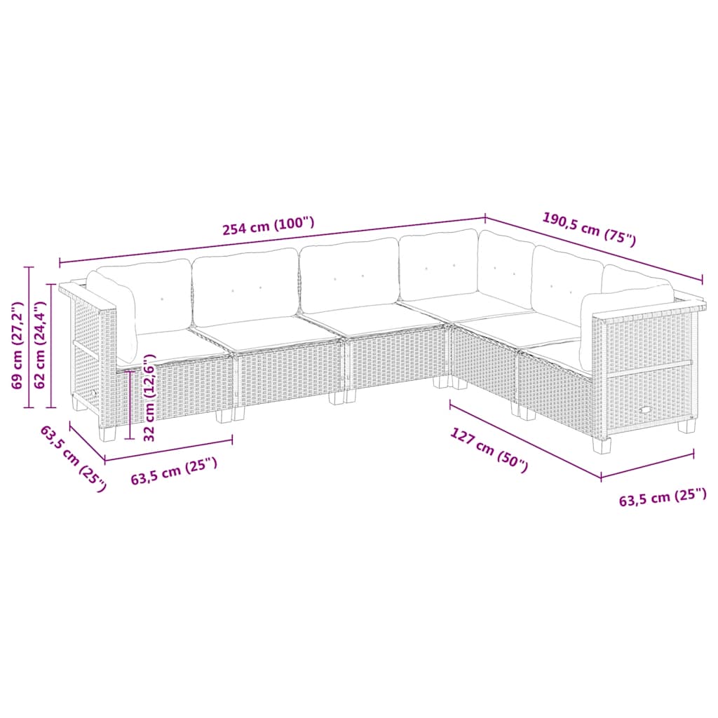 6-dijelni set vrtnih sofa s jastucima crni od poliratana Crna 63.5 x 63.5 x 62 cm