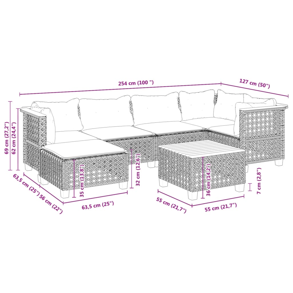 7-dijelni set vrtnih sofa sivi od poliratana Siva 55 x 55 x 36 cm