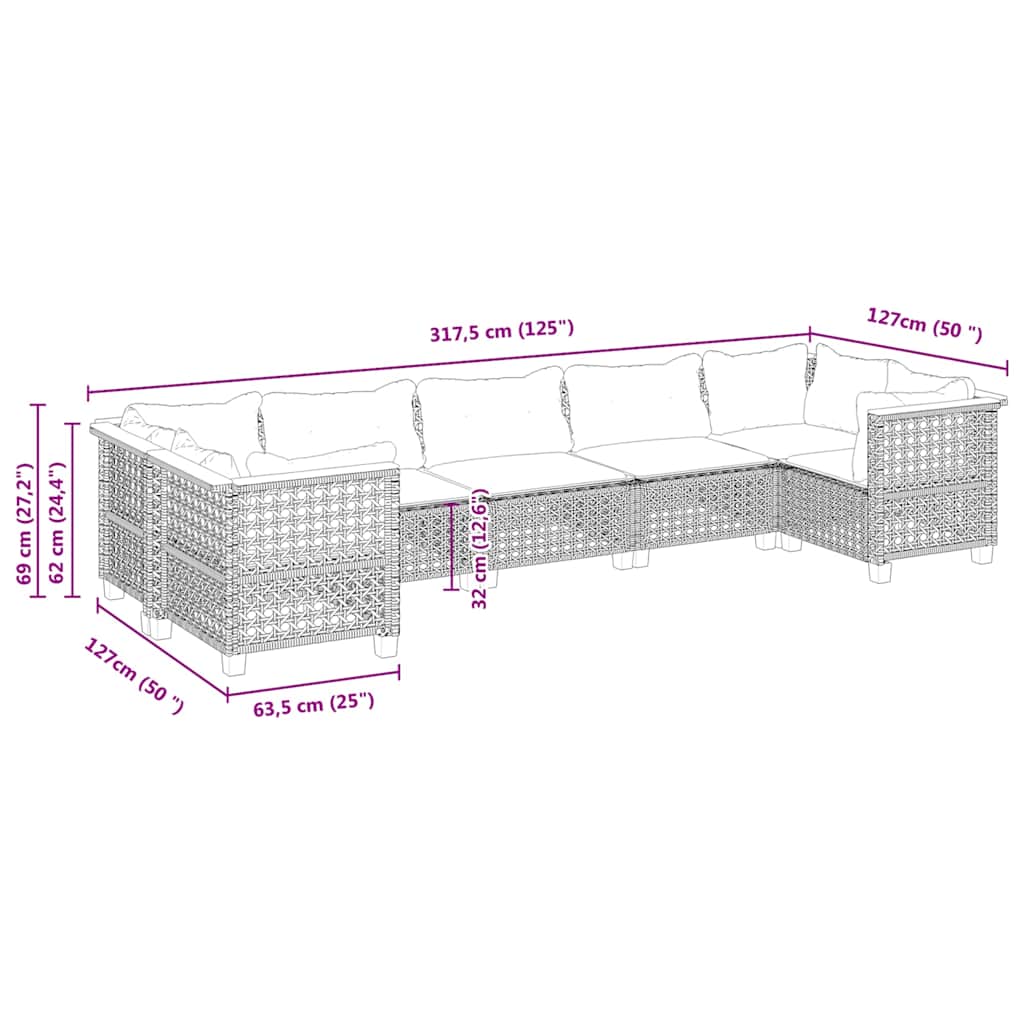 7-dijelni set vrtnih sofa od poliratana s jastucima crni Crna 63.5 x 63.5 x 62 cm