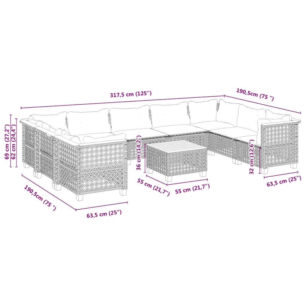 10-dijelni set vrtnih sofa s jastucima bež od poliratana 55 x 55 x 36 cm