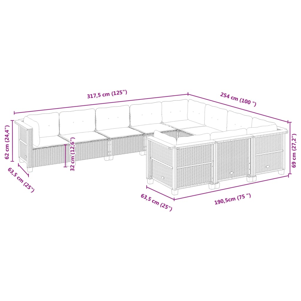 10-dijelni set vrtnih sofa s jastucima crni od poliratana Crna 63.5 x 63.5 x 62 cm