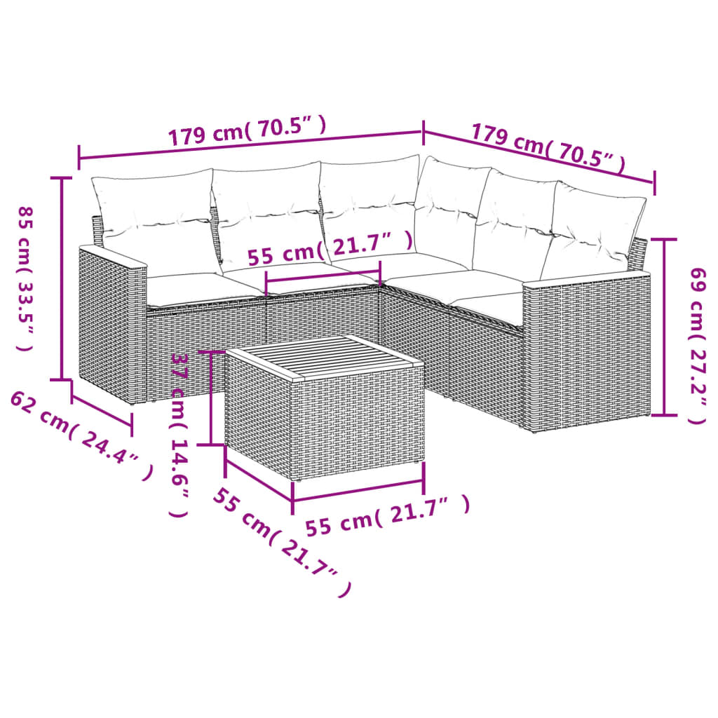 6-dijelni set vrtnih sofa s jastucima crni od poliratana