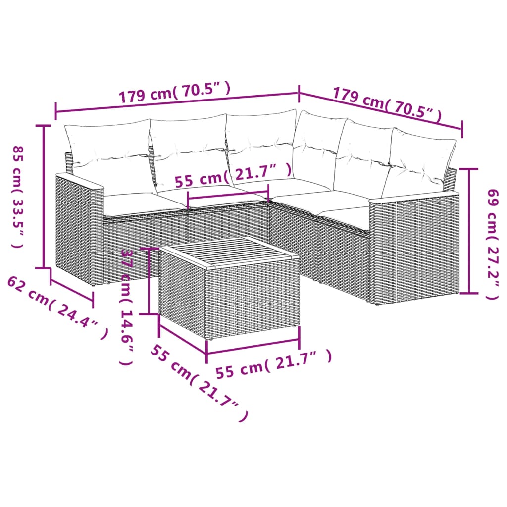 6-dijelni set vrtnih sofa s jastucima crni od poliratana