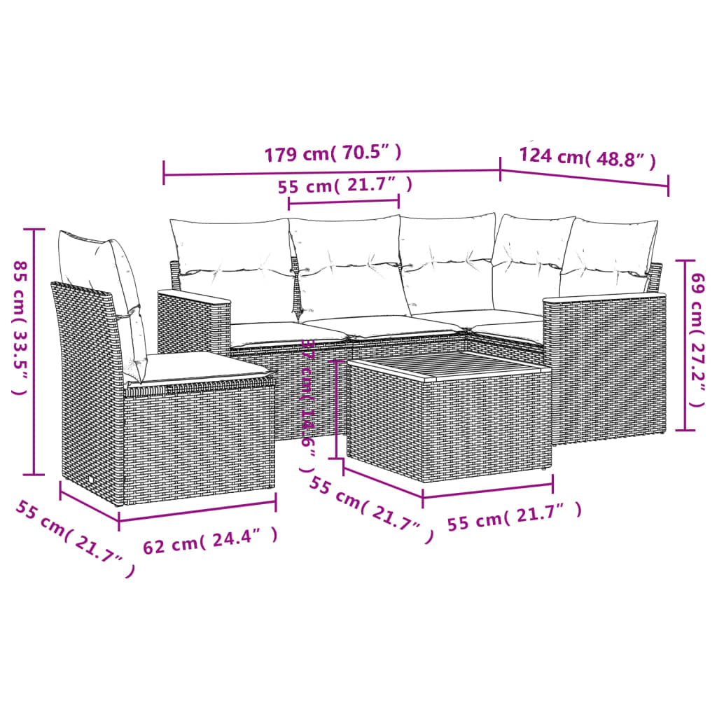 6-dijelni set vrtnih sofa s jastucima crni od poliratana