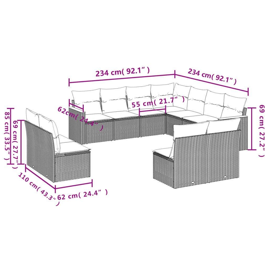 11-dijelni set vrtnih sofa od poliratana s jastucima crni