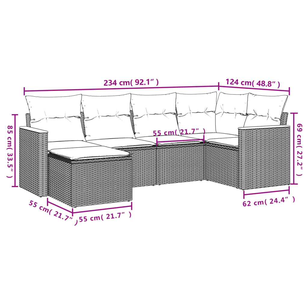 6-dijelni set vrtnih sofa od poliratana s jastucima sivi