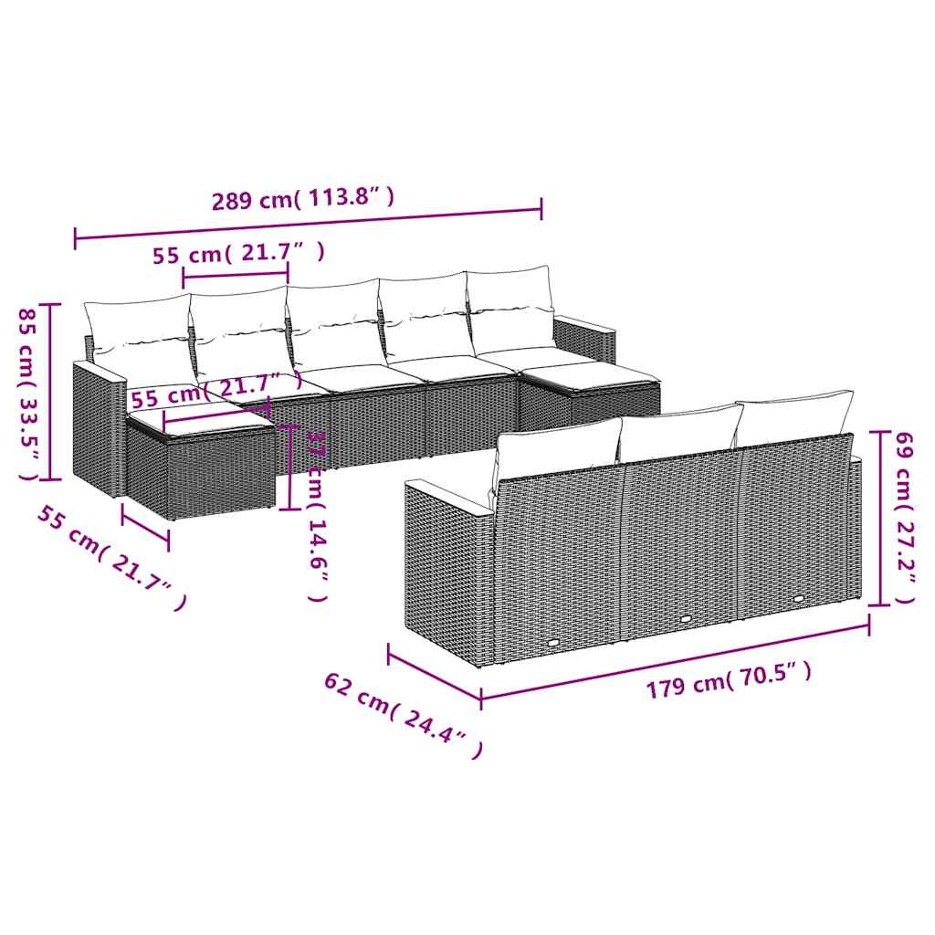 10-dijelni set vrtnih sofa s jastucima crni od poliratana