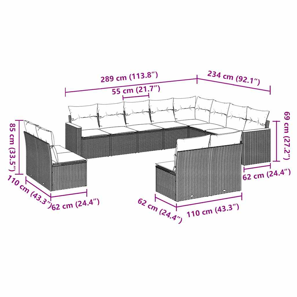 12-dijelni set vrtnih sofa od poliratana s jastucima crni