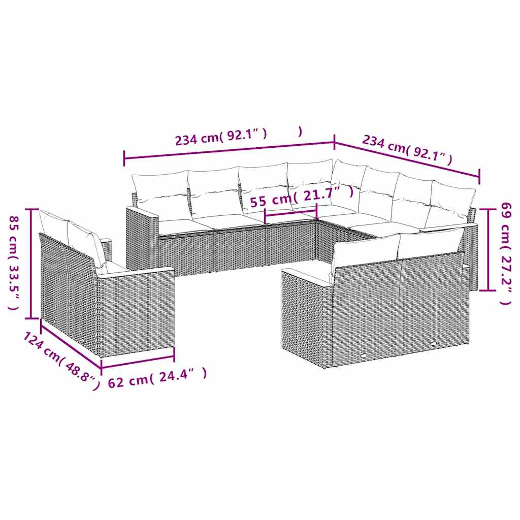 11-dijelni set vrtnih sofa od poliratana s jastucima crni
