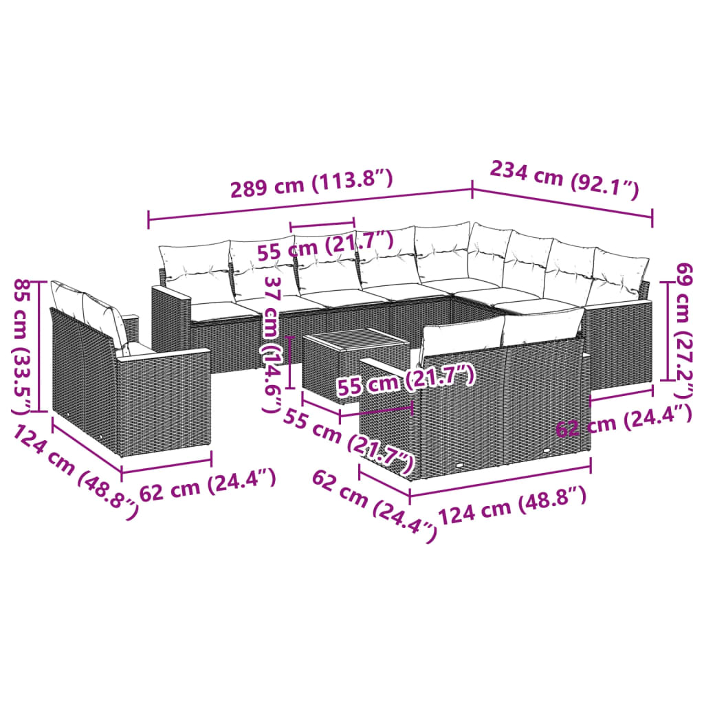 13-dijelni set vrtnih sofa s jastucima poliratan crni