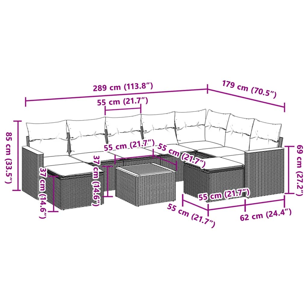 10-dijelni set vrtnih sofa s jastucima crni od poliratana