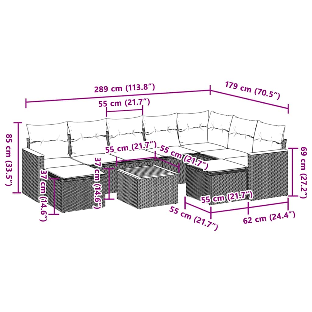 10-dijelni set vrtnih sofa s jastucima crni od poliratana