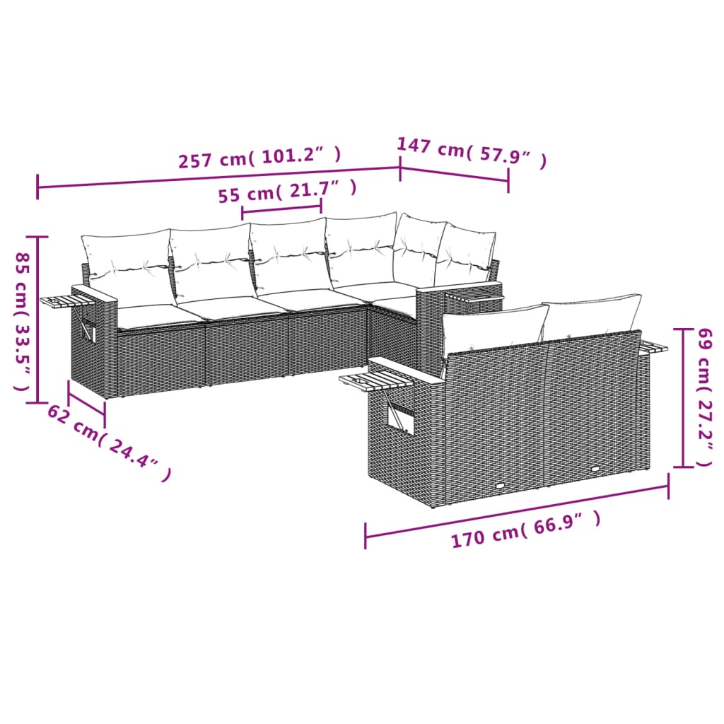 7-dijelni set vrtnih sofa od poliratana s jastucima crni