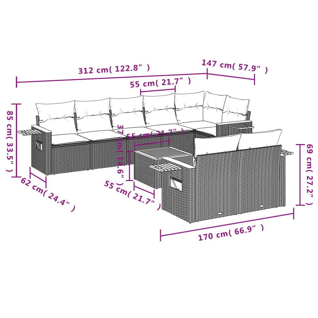 9-dijelni set vrtnih sofa s jastucima crni od poliratana