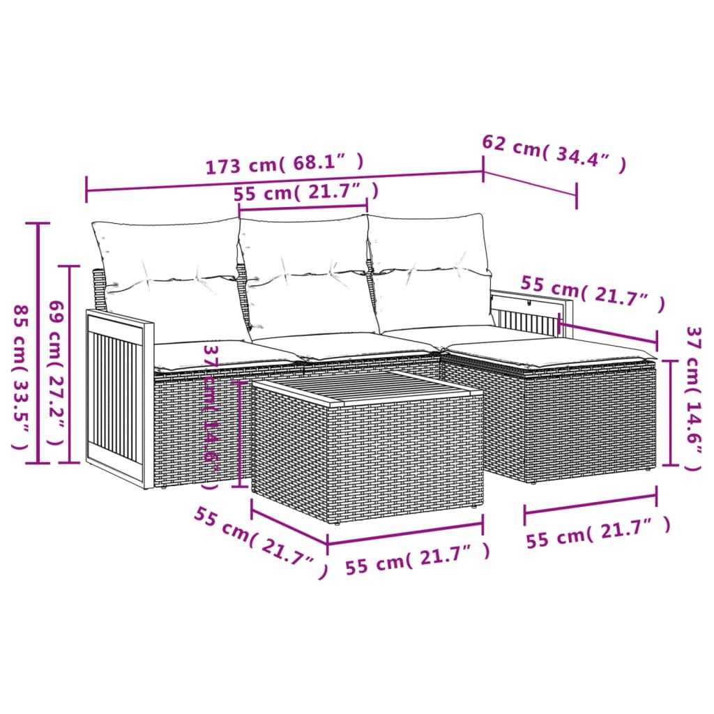 5-dijelni vrtni set sofa s jastucima bež od poliratana