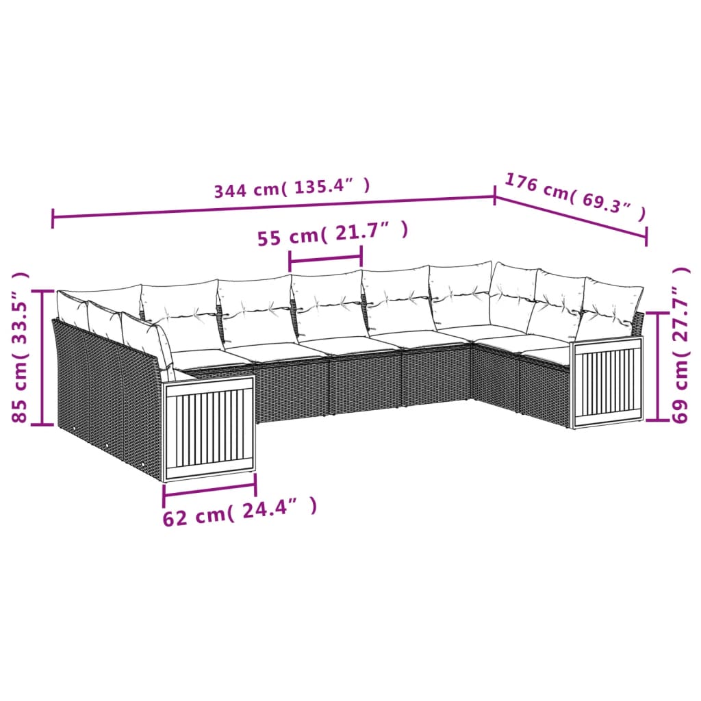 10-dijelni set vrtnih sofa od poliratana s jastucima sivi