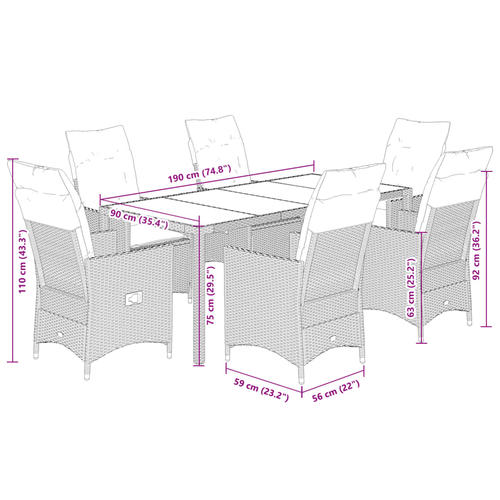 9-dijelni vrtni blagovaonski set s jastucima crni od poliratana Crna 190 x 90 x 75 cm