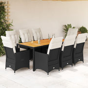 9-dijelni vrtni blagovaonski set s jastucima crni od poliratana Crna 190 x 90 x 75 cm