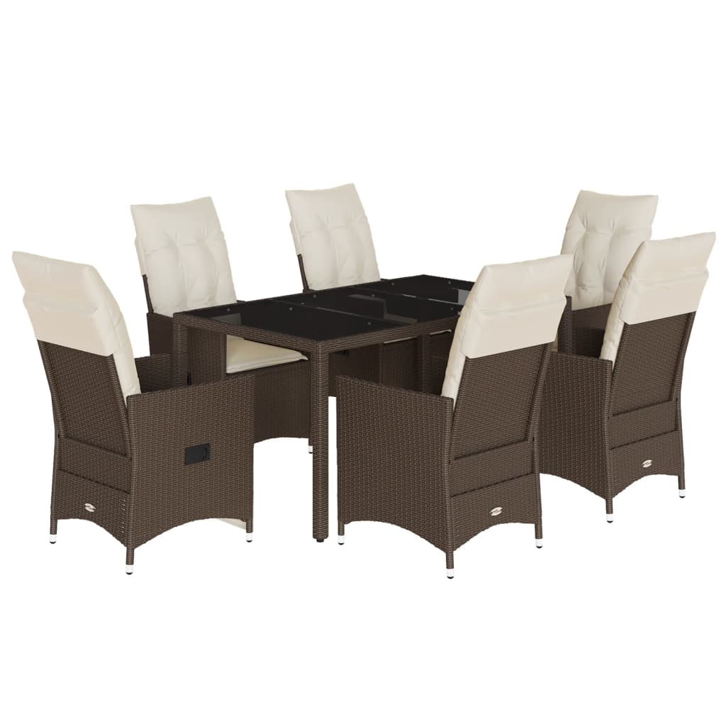 7-dijelni vrtni blagovaonski set s jastucima poliratan smeđi Smeđa 150 x 90 x 75 cm