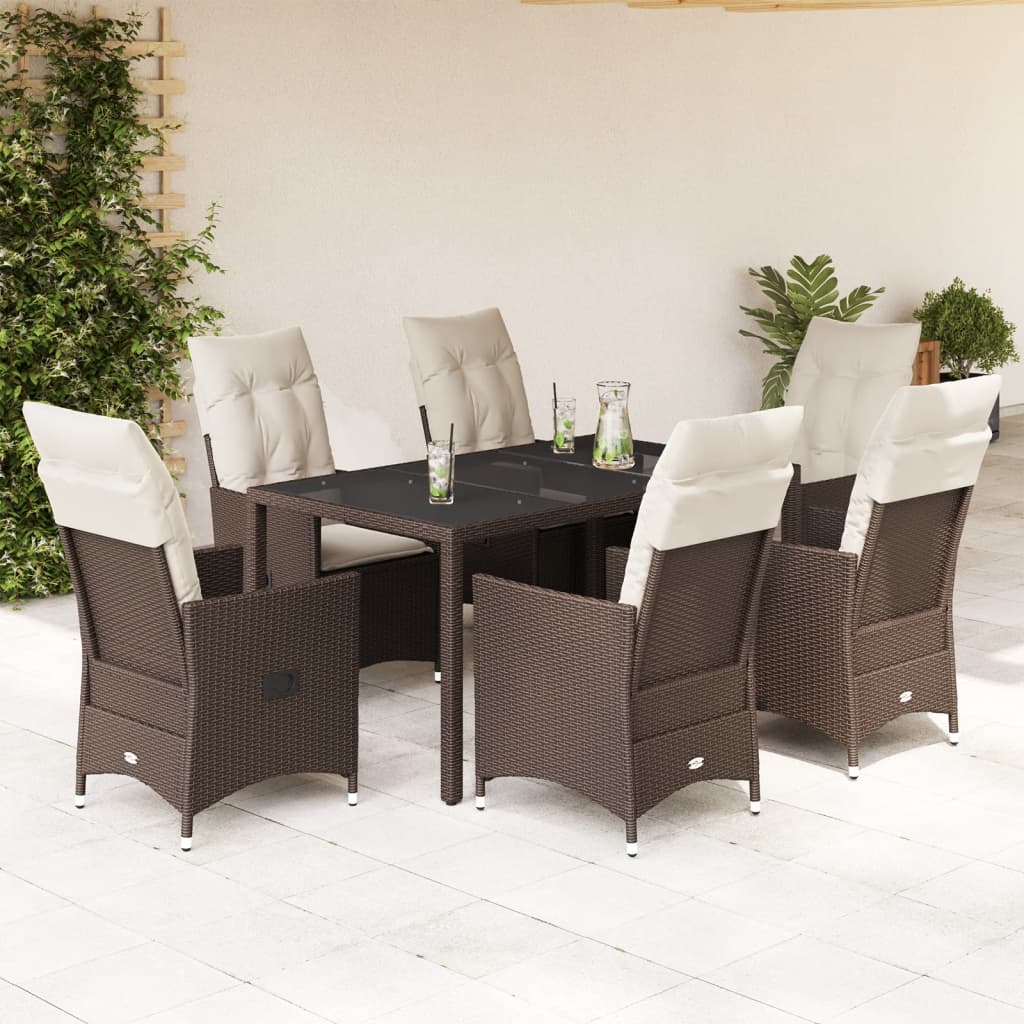 7-dijelni vrtni blagovaonski set s jastucima poliratan smeđi Smeđa 150 x 90 x 75 cm